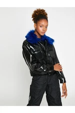Koton Shiny Leather Look Jacket with Faux Fur Detail on the Collar.