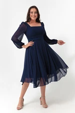 Lafaba Women's Navy Blue Square Collar With Belt, Midi Chiffon Plus Size Evening Dress.