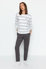 Trendyol Gray Striped Animal Print Tshirt-Pants and Knitted Pajamas Set