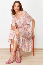 Trendyol Mint A-Line Balloon Sleeve Floral Patterned Midi Woven Dress