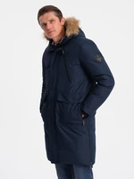 Ombre Alaskan men's winter jacket with detachable fur from the hood - navy blue Ombre Alaskan men's winter jacket with detachable fur from the hood - navy blue
