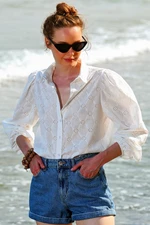 Trend Alaçatı Stili Damska koszula z gipiury z gipiury w kolorze złamanej bieli