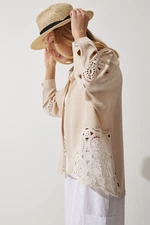 Happiness İstanbul Women's Beige Lace Detailed Linen Shirt