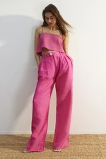 Trendyol Pink 100% Linen Pleated High Waist Wide Leg Trousers