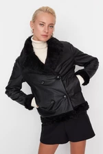 Trendyol Black Collar Plush Detailed Faux Leather Jacket Coat