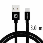 Adatkábel Swissten textil USB-C konektorral és gyorstöltés támogatással, fekete