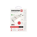 Töltő Swissten Smart IC 2.1A s 2 USB konektorral és adatkábellel USB/Typ C, 1,2m, fehér