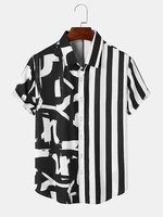 Mens Abstract Print & Striped Patchwork Lapel Short Sleeve Shirts