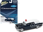 1957 Chevrolet Hearse Metisse Blue Metallic with White Top 1/64 Diecast Model Car by Johnny Lightning