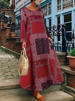 Women Bohemian Print Cotton Long Sleeve Vintage Dress