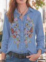 Daily Embroidery Creative Button Lapel Loose Jean Shirt for Women