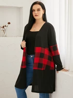 Plus Size Plaid Knit Patchwork Long Sleeves Cardigan