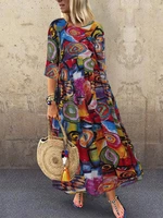 Women Retro Graffiti Print Round Neck Pleated Casual Maxi Dresses