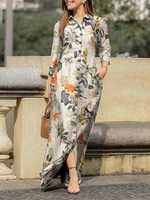 Floral Leaves Print Lapel Button Long Sleeve Daily Casual Maxi Dress