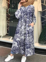Vintage Floral Print Cotton Kaftan Tunic Muslim Maxi Dress with Side Pockets