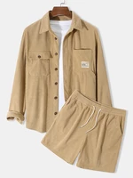 Mens Solid Color Double Pocket Button Up Corduroy Two Pieces Outfits