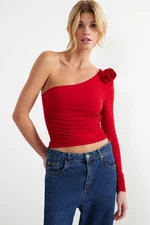 Trendyol Red Rose Detailed Asymmetrical Collar Fitted Flexible Knitted Blouse
