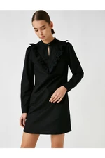 Koton Dámske Čierne 100% Bavlnené Volánové šaty s dlhým rukávom s dlhým rukávom