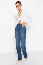 Trendyol tmavomodrá udržateľnejšie džínsy s vysokým pásom dlhé rovné džínsy