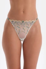 Dagi Ecru Floral Embroidery Detailed Thong Panties.