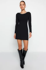 Trendyol Black Smart Crepe with Pearls, Fitted Mini Long Sleeve Crew Neck Flexible Knit Dress