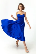Lafaba Women's Saks Thin Strap Midi Satin Evening Dress