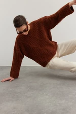 Trendyol Brown széles szabású puha texturált kötöttáru pulóver