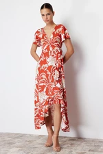 Trendyol Tile Printed Wrapped Belted Midi Stretchy Knitted Midi Dress