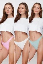 Trendyol Ecru-Pink-Green 3 Pack Cotton Thong Knitted Panties