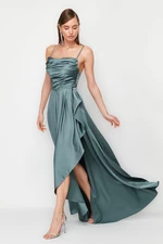 Trendyol Blue Draped Satin Long Evening Dress