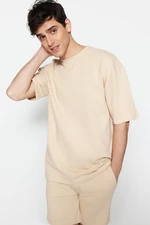 Trendyol Limited Edition Beige Oversize 100% Cotton Labeled Textured Basic Thick T-Shirt