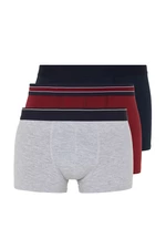 Trendyol Burgundy-Grey-Navy Blue Straight Striped Elastic Basic 3-Pack Cotton Boxer