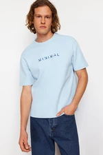 Trendyol Blue Relaxed/Comfortable Cut Fluffy Text Printed Short Sleeve T-Shirt with Solid Fabric