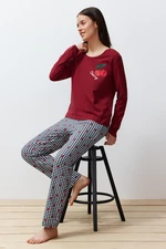 Trendyol Claret Red 100% Cotton Cherry Printed Plaid Knitted Pajamas Set