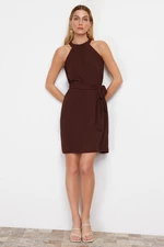 Trendyol Brown Belted Straight Fit Barbell Collar Aerobin Mini Woven Dress