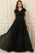 By Saygı Double Breasted Neck Lined Nail Sleeve Full Circle Flared Chiffon Tulle Plus Size Long Dress