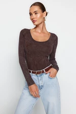 Trendyol Brown Wear/Faded Effect Cotton Long Sleeves Stretchy Knitted Body with Snap Snap Button