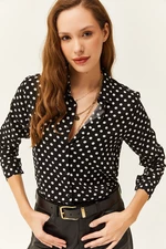 Olalook Women's Black Polka Dot Patterned Woven Viscose Shirt