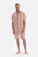 Dagi Brown Striped Shirt Collar Shorts Woven Pajamas Set