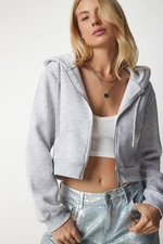 Happiness İstanbul Women's Gray Hoodie with Zipper and Crop Sweatshirt