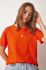 Happiness İstanbul Women's Orange Crew Neck Cotton Loose Knitted T-Shirt
