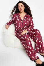 Trendyol Curve Burgundy Patterned Knitted Pajamas Set