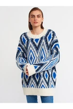 Dilvin 10239 Diamond Pattern Sweater-Sax