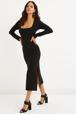 Cool & Sexy Women's Black Square Collar Double Slit Midi Dress