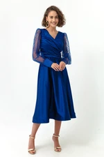 Lafaba Women's Sax Double Breasted Collar Silvery Midi Satin Evening Dress.