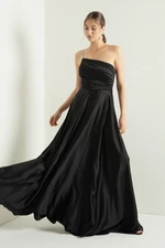 Lafaba Women's Black Stone Strap Flared Cut Long Satin Evening Dress Lafaba Women's Black Stone Strap Flared Cut Long Satin Evening Dress