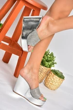 Fox Shoes P572283059 Silver Women's Slippers with Metallic Stone Detailed Wedge Heels