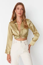 Trendyol Oil Green Crop Tie Detail Satin Woven Blouse