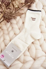 Bílé dámské vzorované ponožky s nápisem a medvídkem