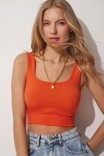 Happiness İstanbul Women's Orange Square Collar Halter Corduroy Crop Top